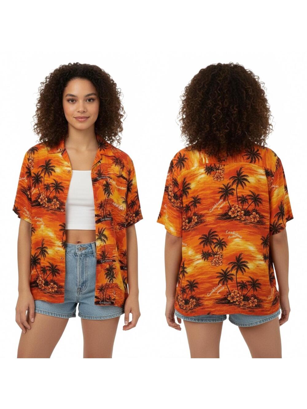 Paradise Hawaiian Shirt Caribbean Islands Palm Trees Orange Button Up M
